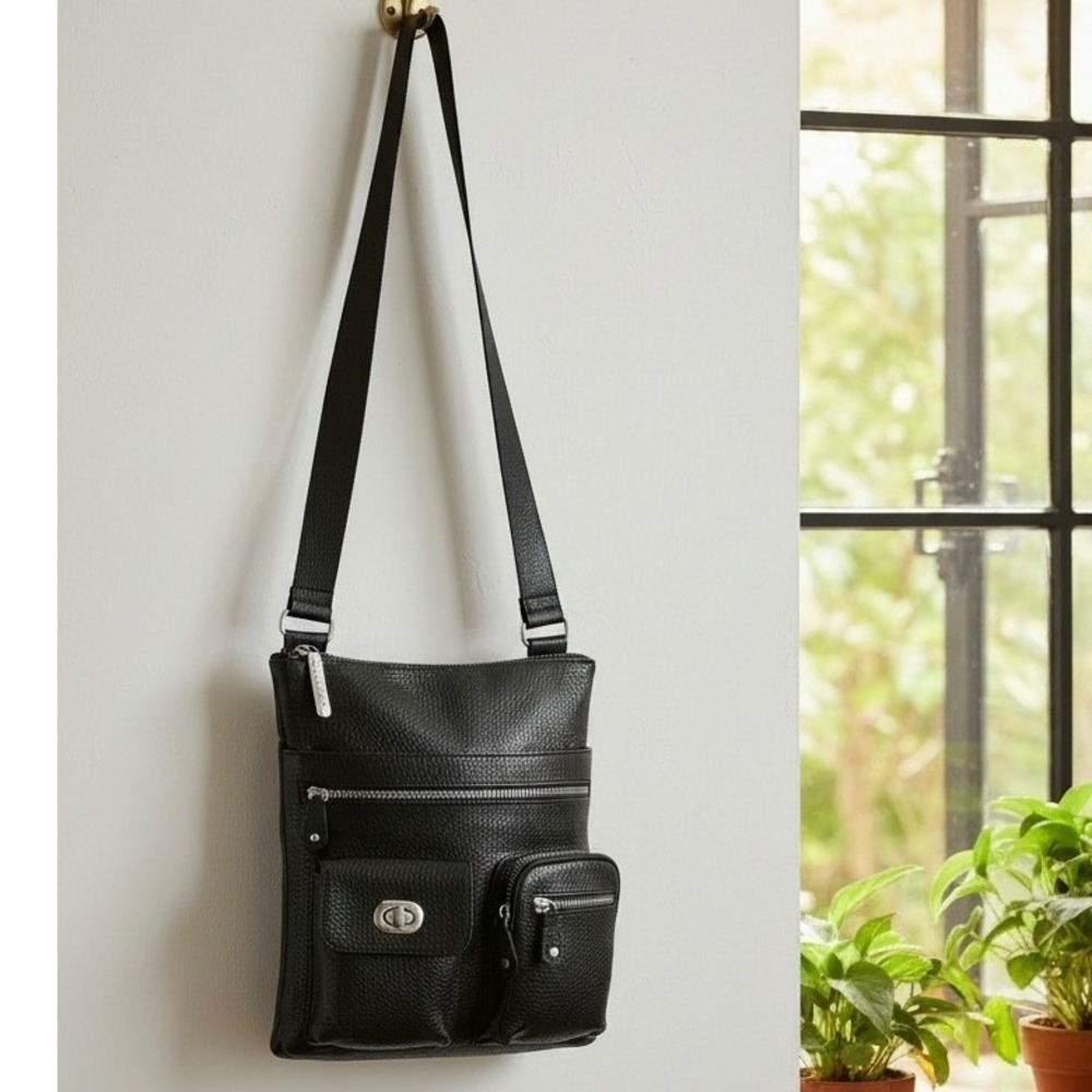 Brighton Large Slim Black Snakeskin Embossed Leather Crossbody‎ Organizer Bag
